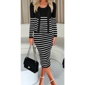 ZESICA Tank Sweater Striped Midi Dress Cardigan Set Womens Small NWT
